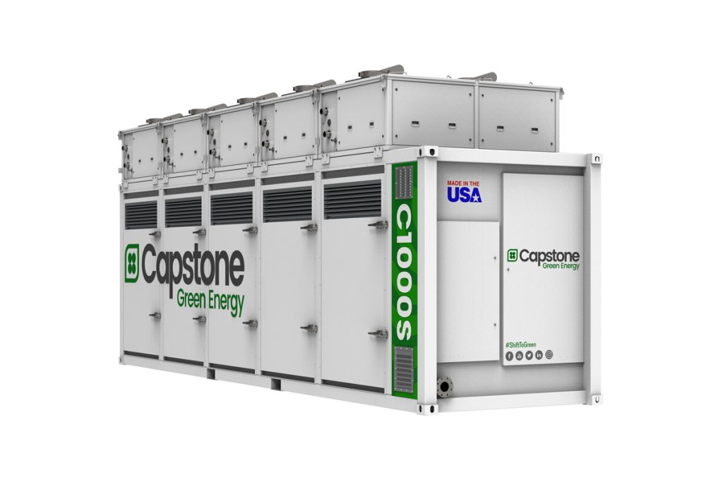 The C1000S provides up to 1 MW of electric power and contains five air bearing microturbines. The Signature Series Microturbine provides ultra-low emissions and reliable electrical/thermal generation from natural gas.